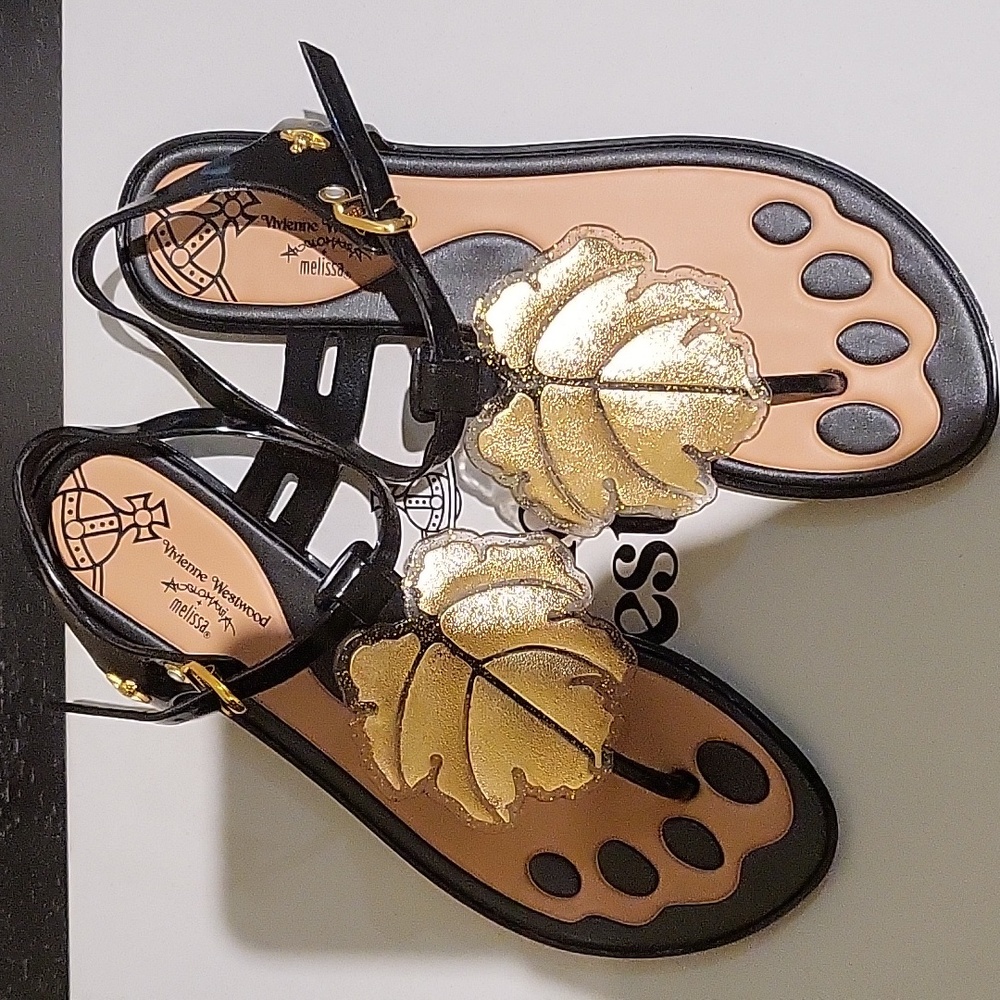 Vivienne Westwood Black and Gold Leaf Jelly Sandals